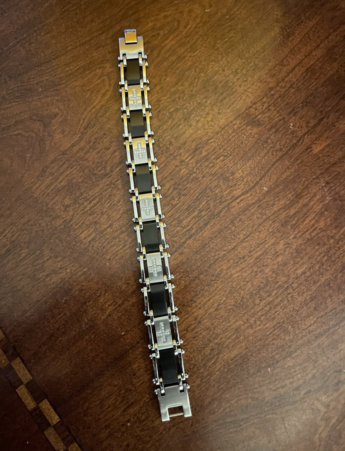 Stainless Steel Black & Silver Bar Link Chain Bracelet Fold Over Clasp