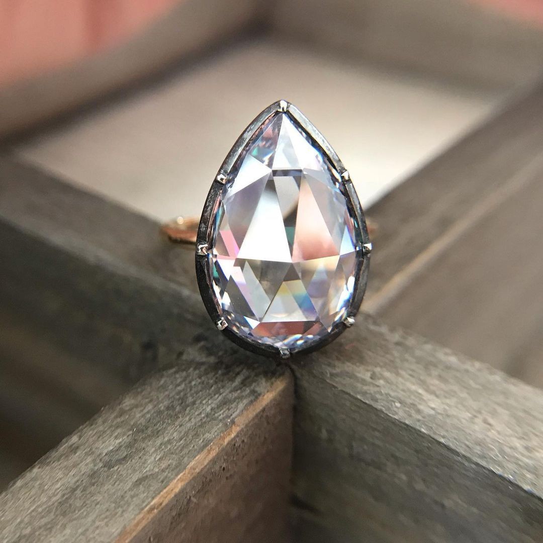 Black Rhodium Plated Bezel Set 2.0 CTW Pear Rose Cut Solitaire Engagement Ring