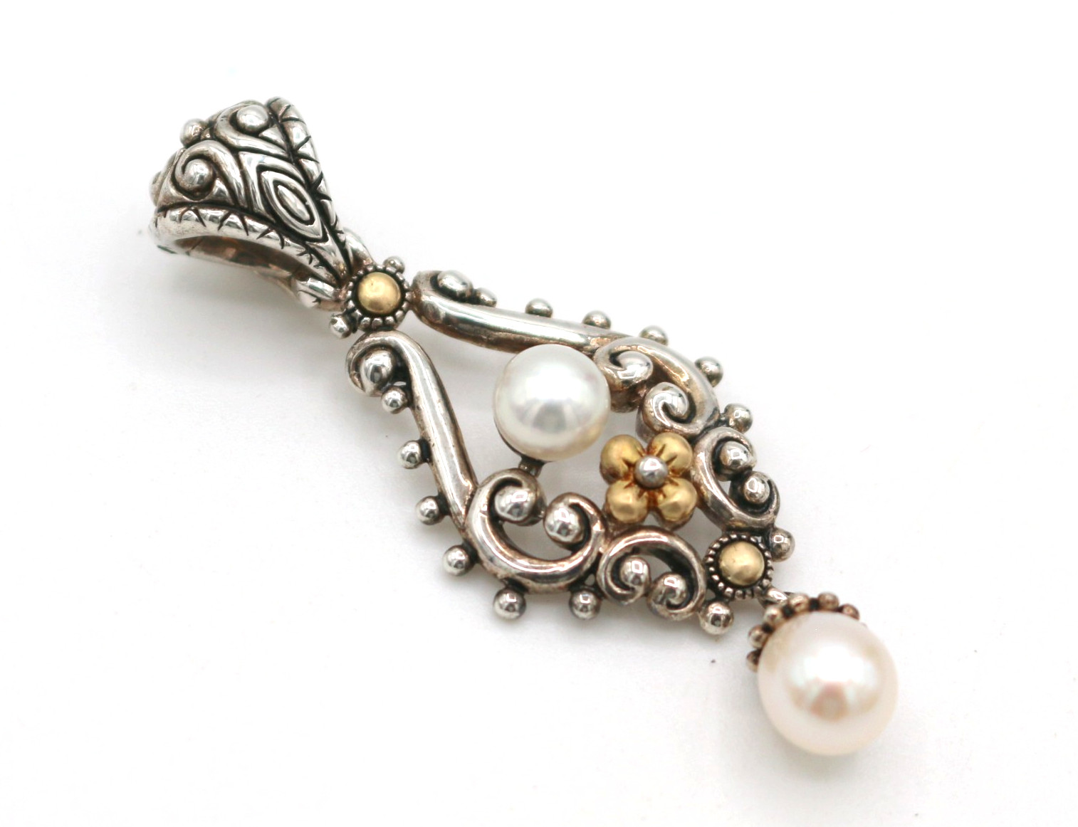 Barbara Bixby Sterling Silver 18k Gold w Pearls Floral Filigree Pendant Enhancer