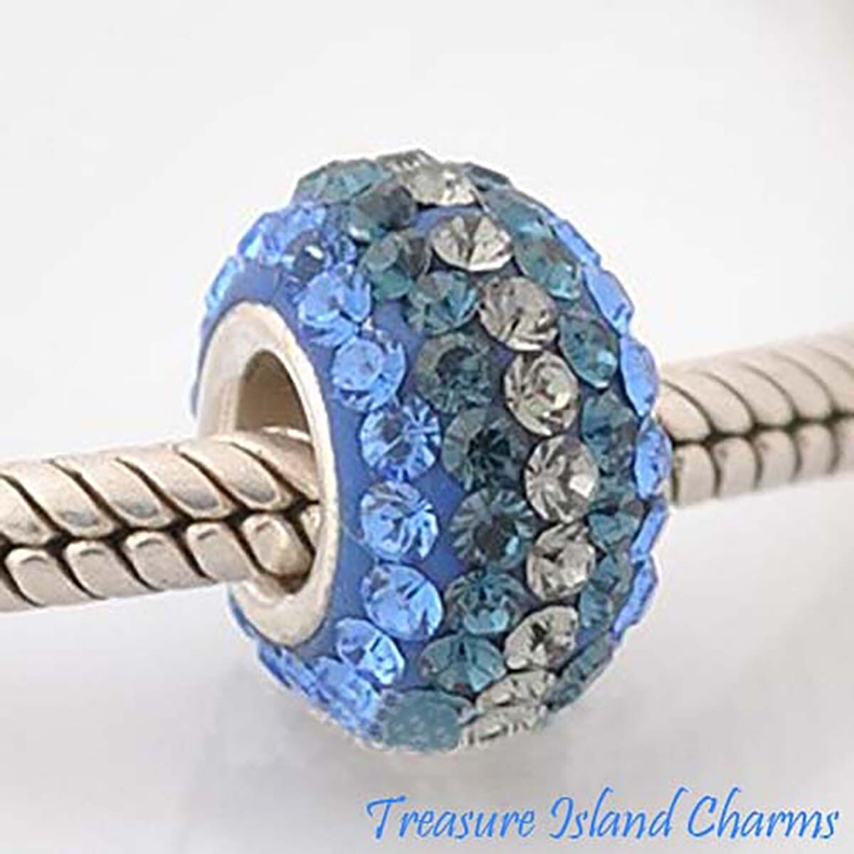 Sapphire Blue and Grey Lines CZ Crystal 925 Sterling Silver European Bead Charm
