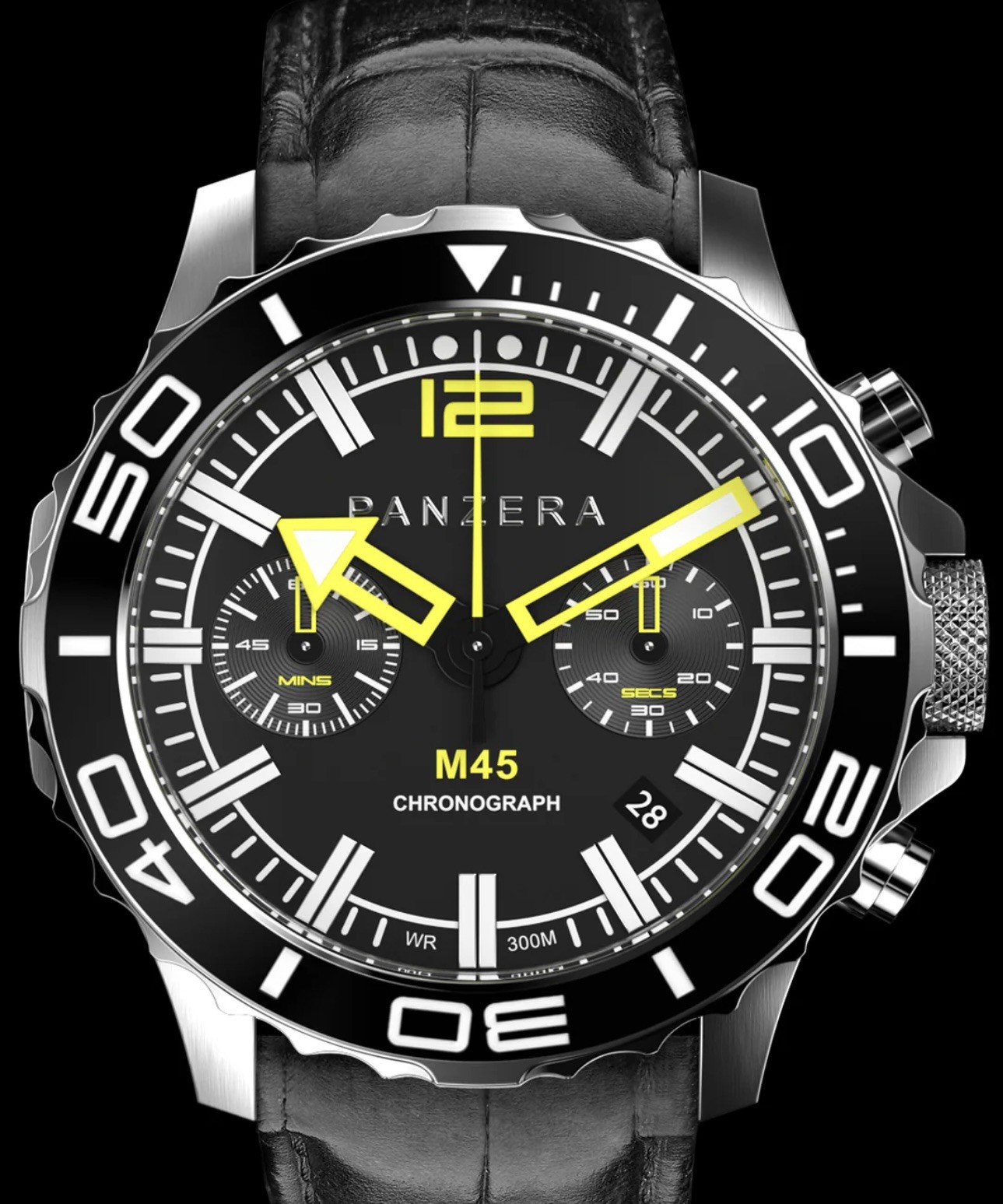 Panzera M45 Chronograph Men’s 45mm Quartz Black Dial Black leather Strap 300m