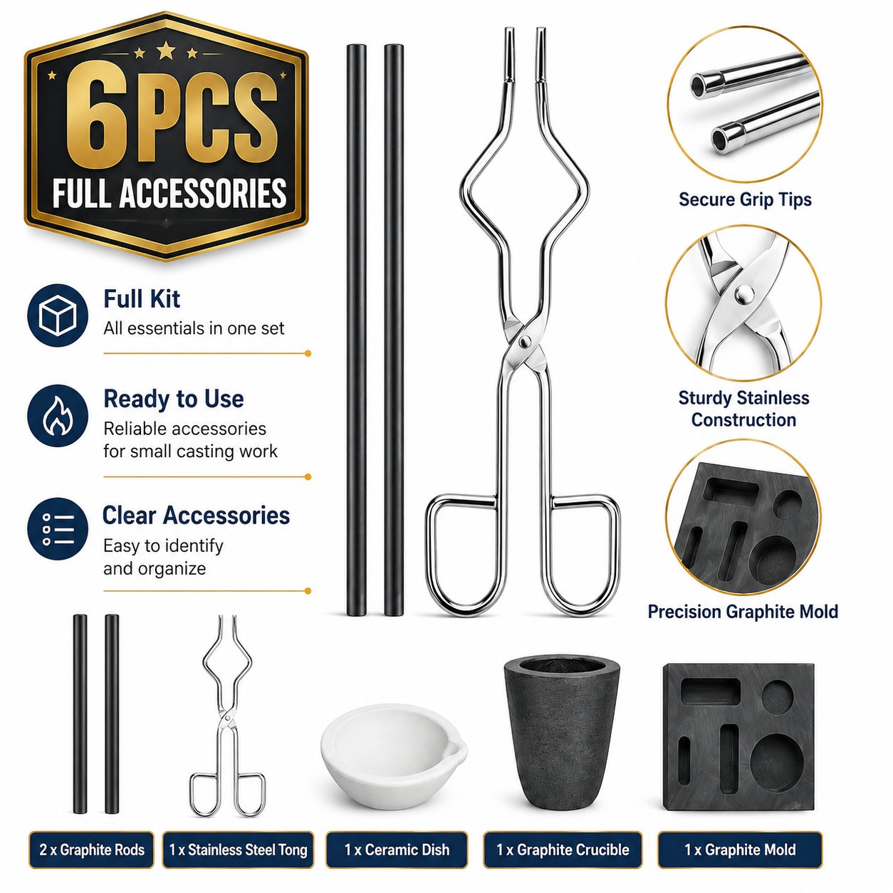 6Pack Gold Silver Copper Casting Kit Graphite Ingot Mold Crucible Tongs Rods