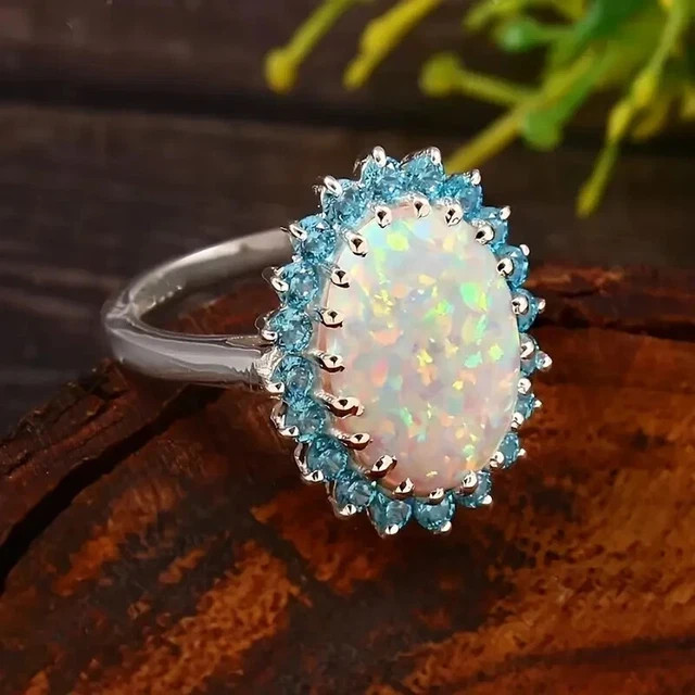Elegant 925 Sterling Silver Fire Rainbow Opal Blue Topaz Engagement Ring