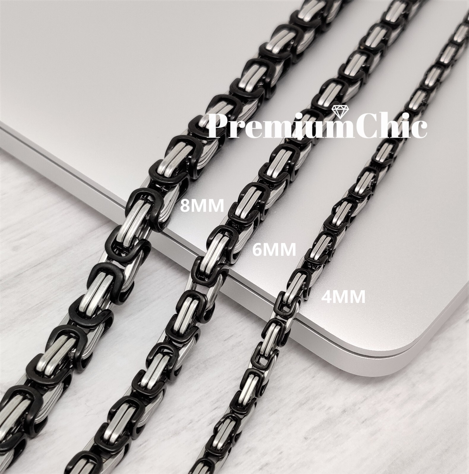 18″-30″ Stainless Steel 8MM Silver/Black Plated Byzantine Box Necklace Mens