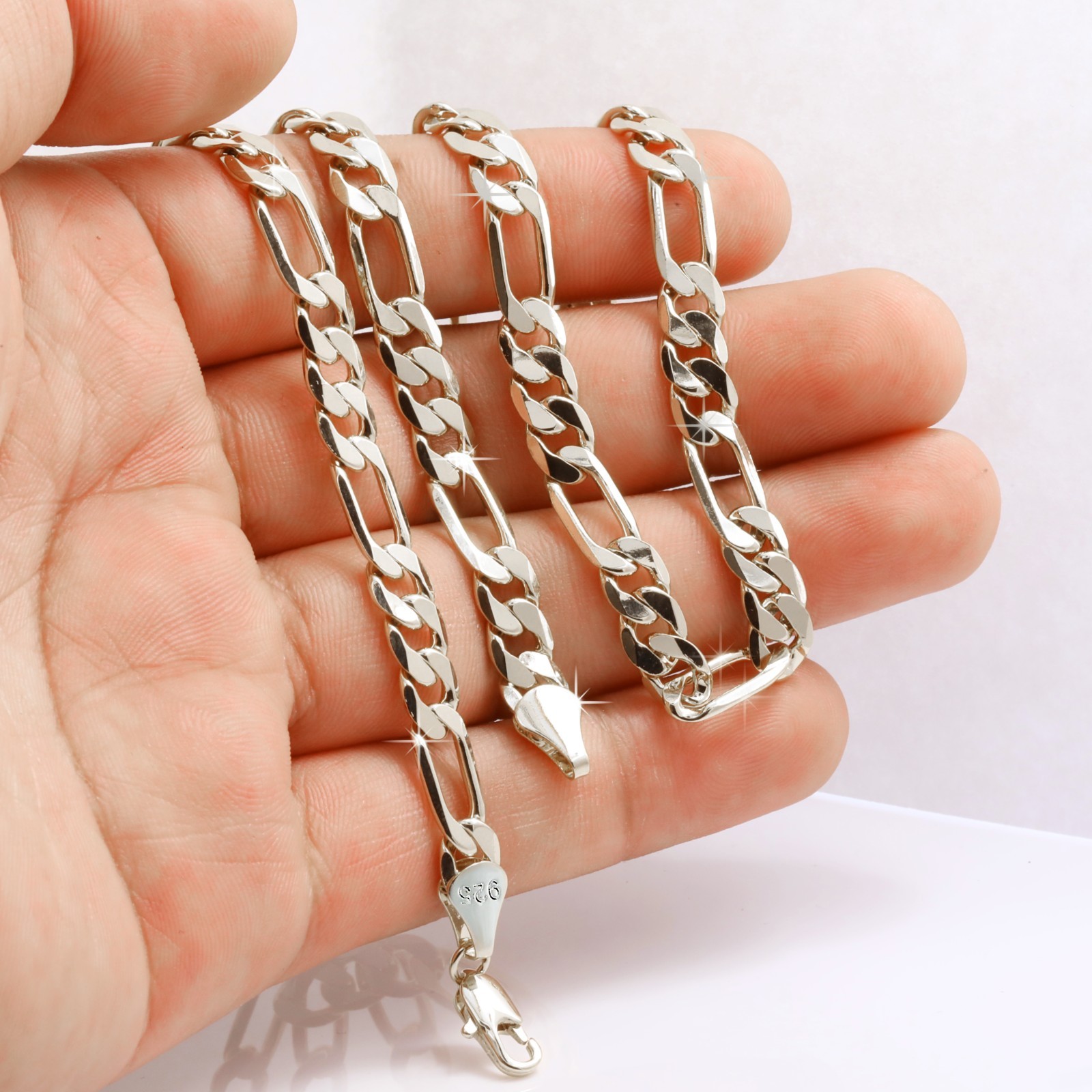 Figaro Chain 925 Silver Plated 5, 6, 7, 8, 9, 10, 11, 12mm – 24″ & 30″ Men Women