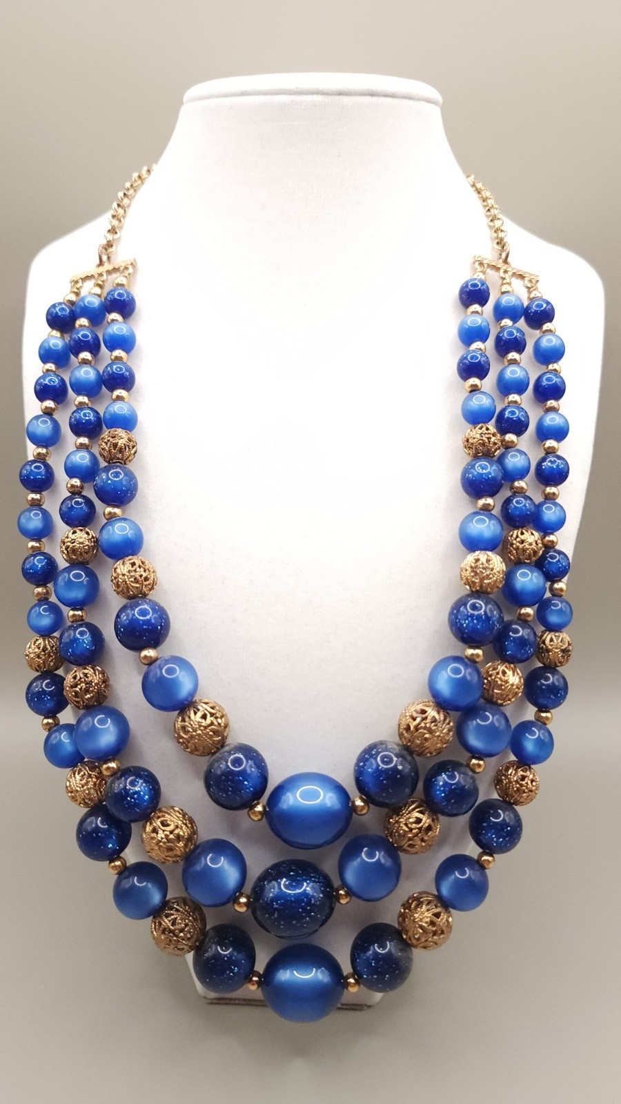 Vintage 1960s Blue Lucite Bead 3 Strand Statement Necklace Gold Filigree Chunky