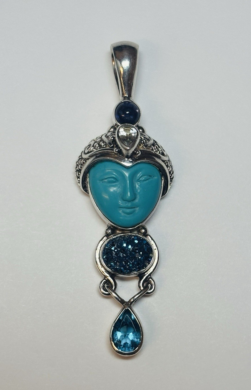 Sajen Sterling 925 Silver Carved Face Turquoise Druzy Quartz Pendant -.23