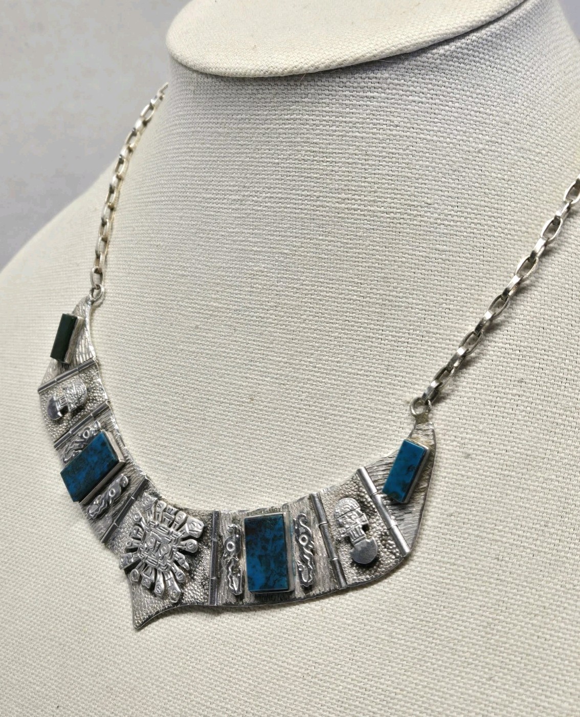 Sterling Silver Turquoise AZTEC MAYAN Paneled Collar Necklace 50g
