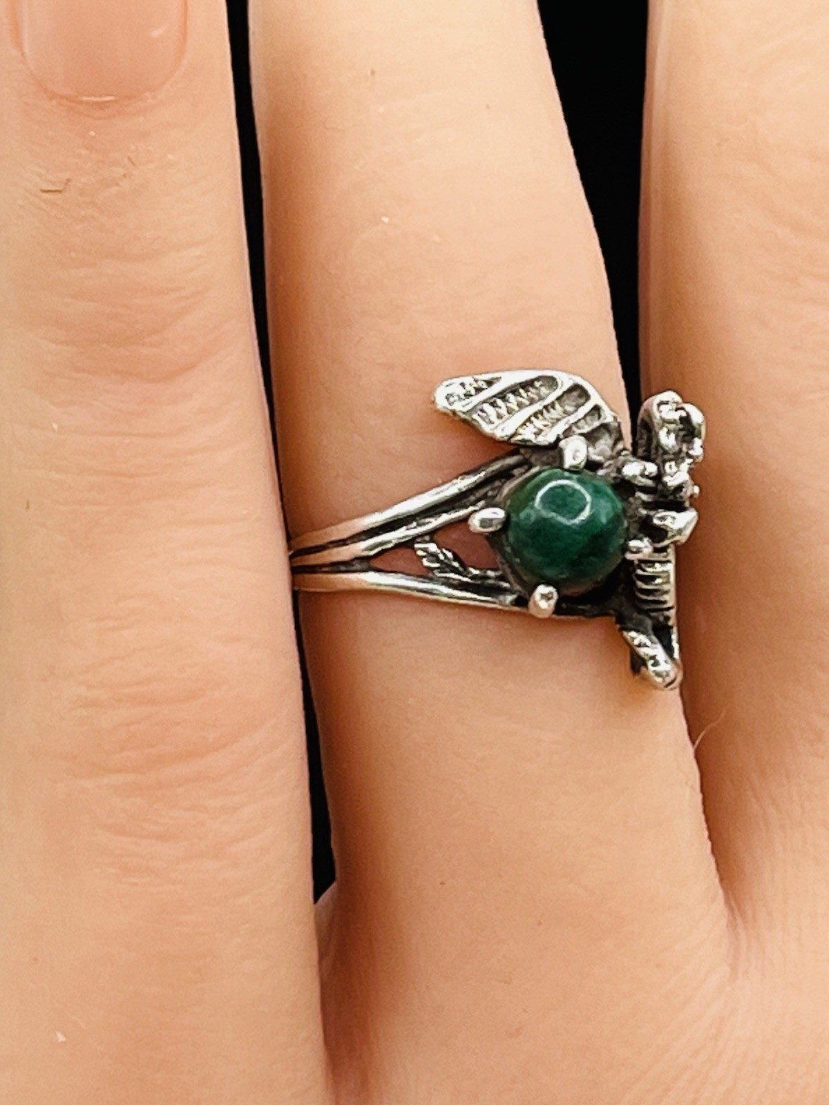 Sterling Silver 3-D Dragon Malachite In Talons Ring Fantasy Gothic Size 5.5