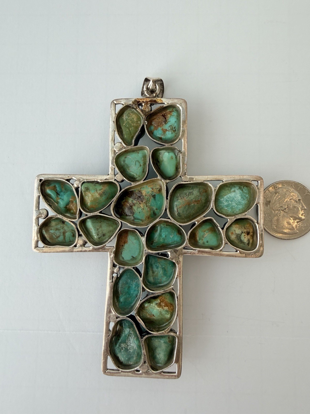Massive Sterling Silver 925 Genuine Turquoise Mosaic nuggets Cross Pendant