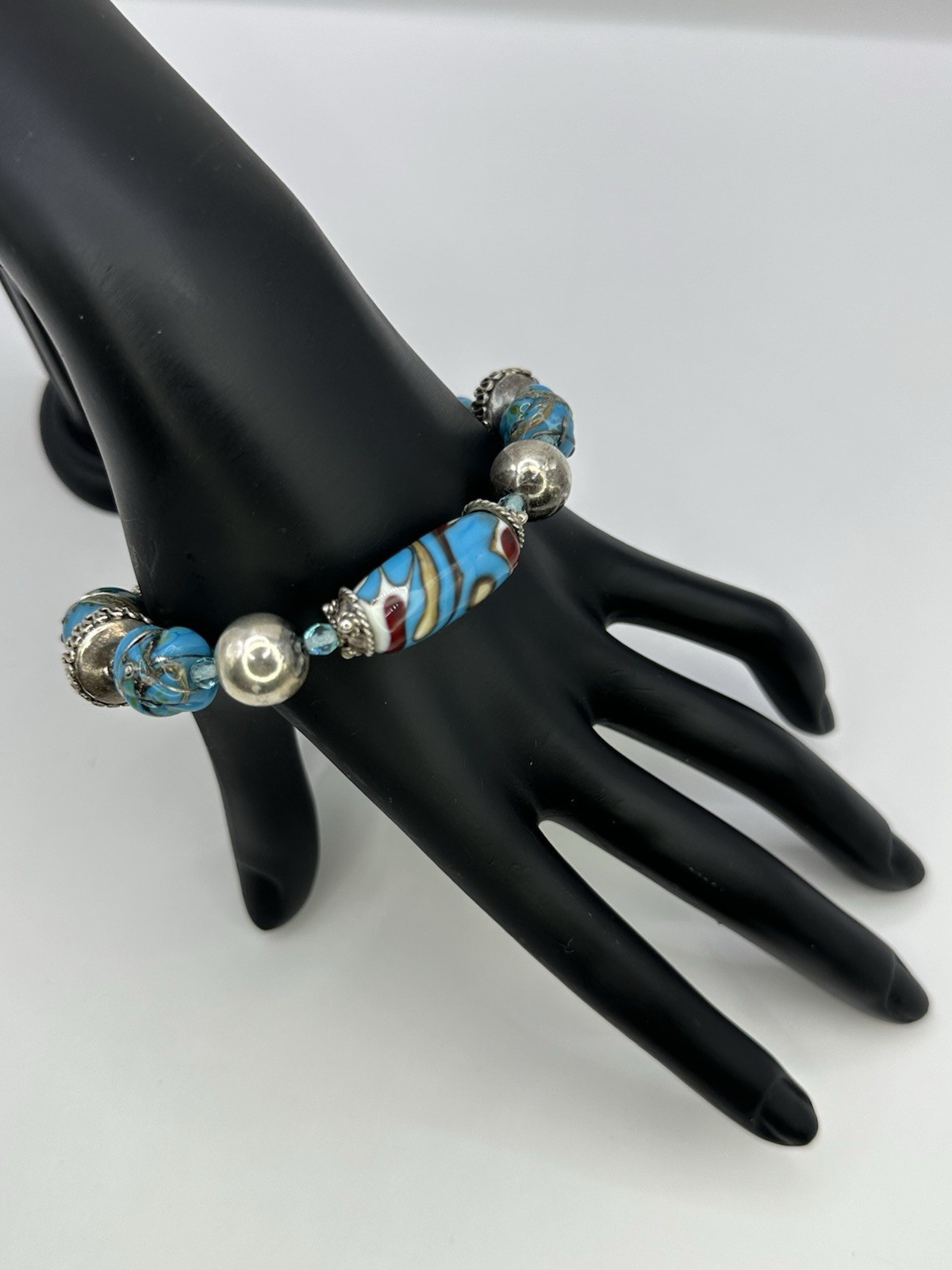 Vintage Handcrafted Blue / green / Red Lampwork Glass Bead Bracelet 925 Silver