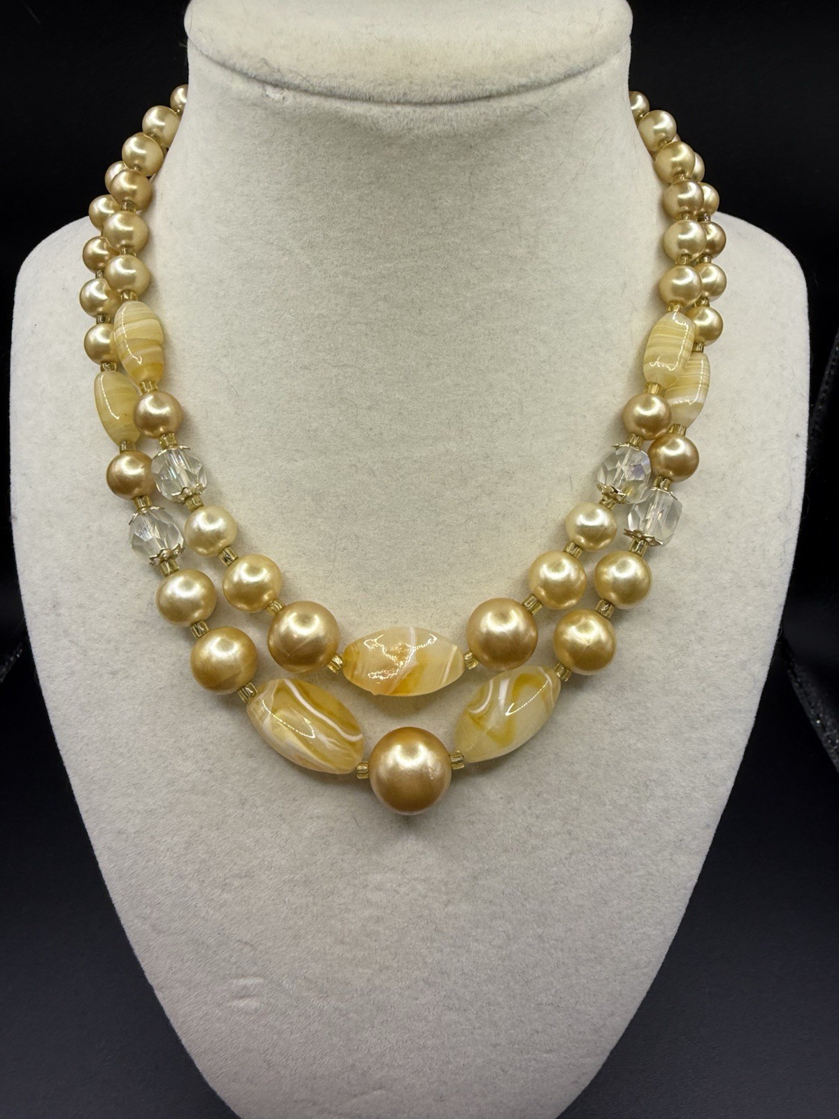 Vintage Unsigned Glass Bow Pearl Double Strand Necklace 50s Japan