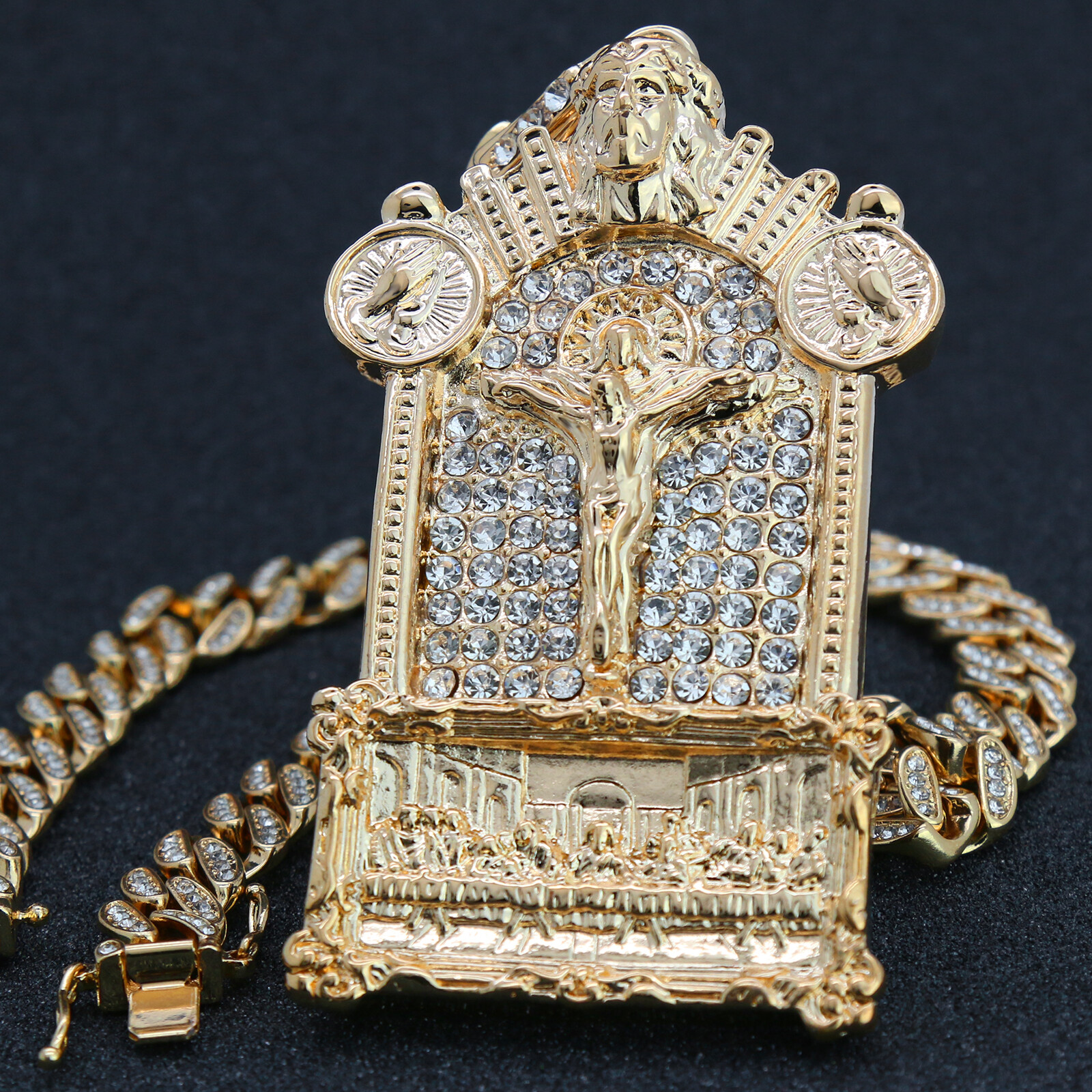 Last Supper Jesus Temple Pendant Gold Plated 20″ Cubic-Zirconia Cuban Chain