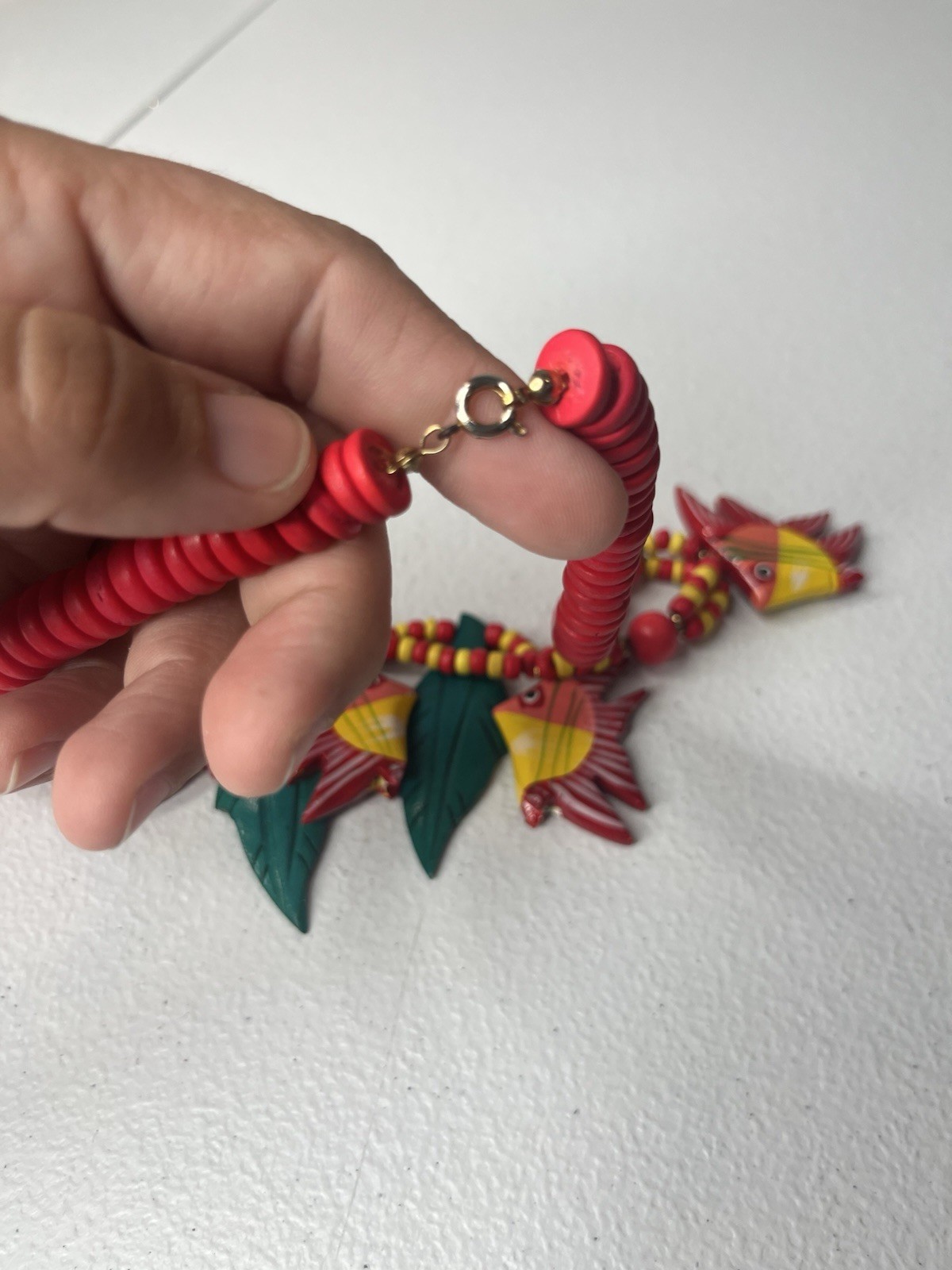 Wooden Fish Necklace Colorful Pink Yellow Green Tropical Made In Philippines