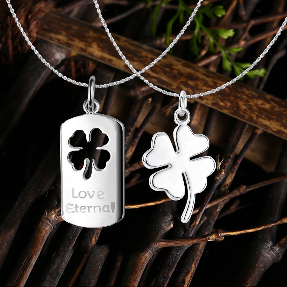 REAL 925 Sterling Silver Hypo-allergenic 4 Leaves Clover Couple Pendant+Necklace