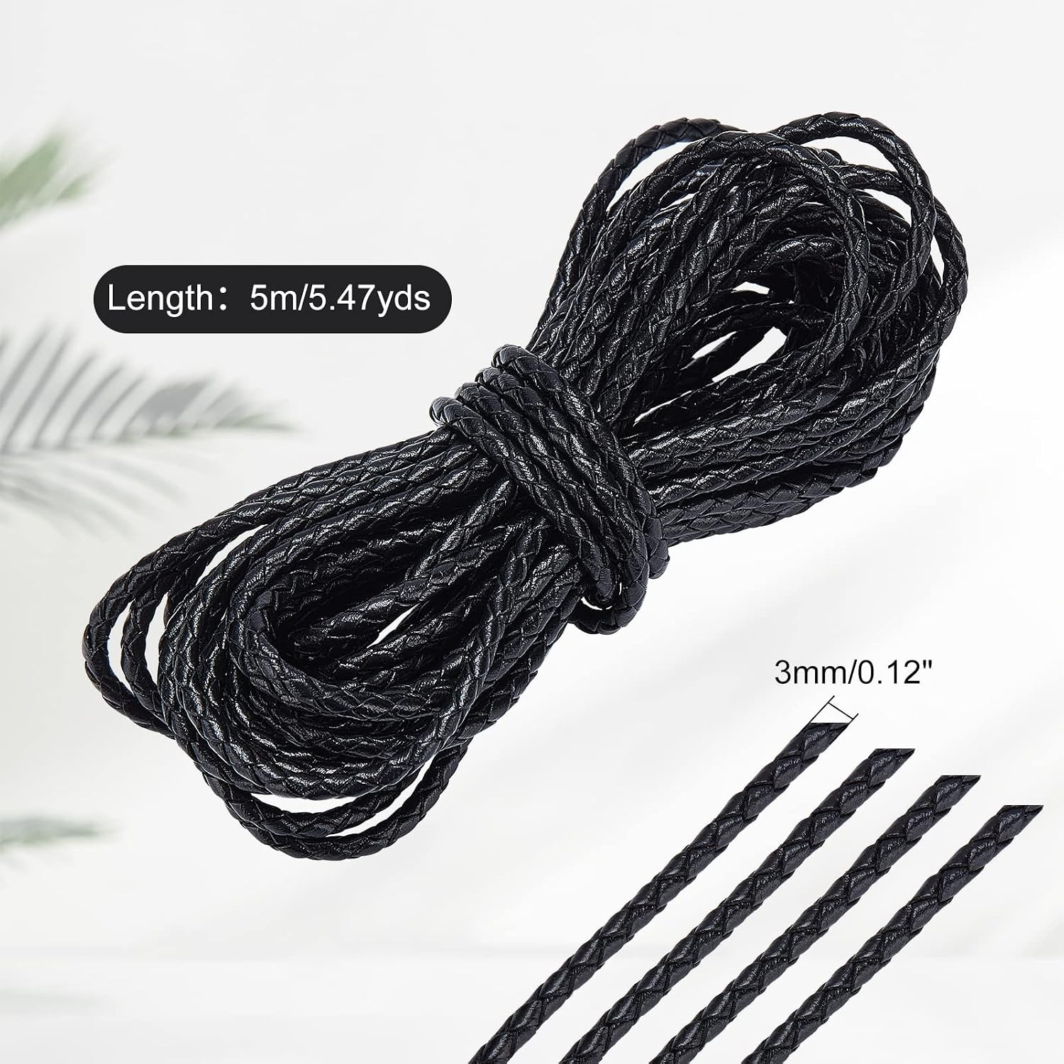 5.5 Yard 3Mm round Folded Bolo PU Braided Leather Cord Bolo Tie Black Braided Le