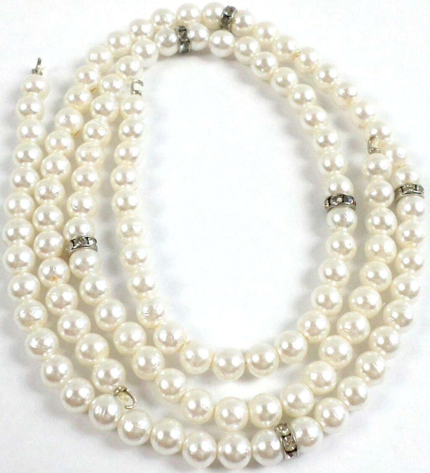 2 -Vintage 13.25″ White 6mm Acrylic Pearls 122 Bead Strand Rhinestone Hooks End