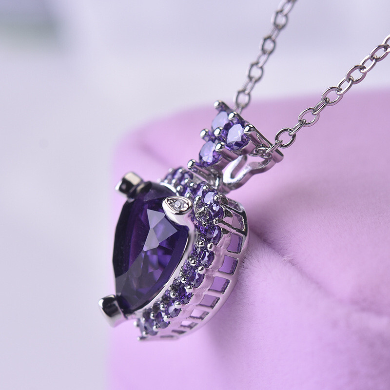 Love Heart Full of Stone Purple Amethyst Gemstone Silver Women Necklace Pendants