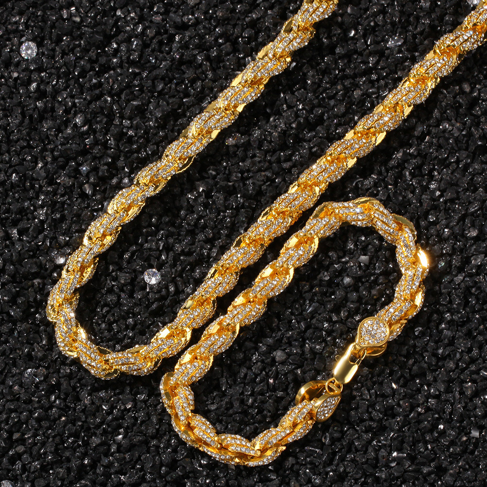 9mm White Gold Plated Iced Out CZ Rope Chain Bracelet Necklace Hip Hop Jewelry