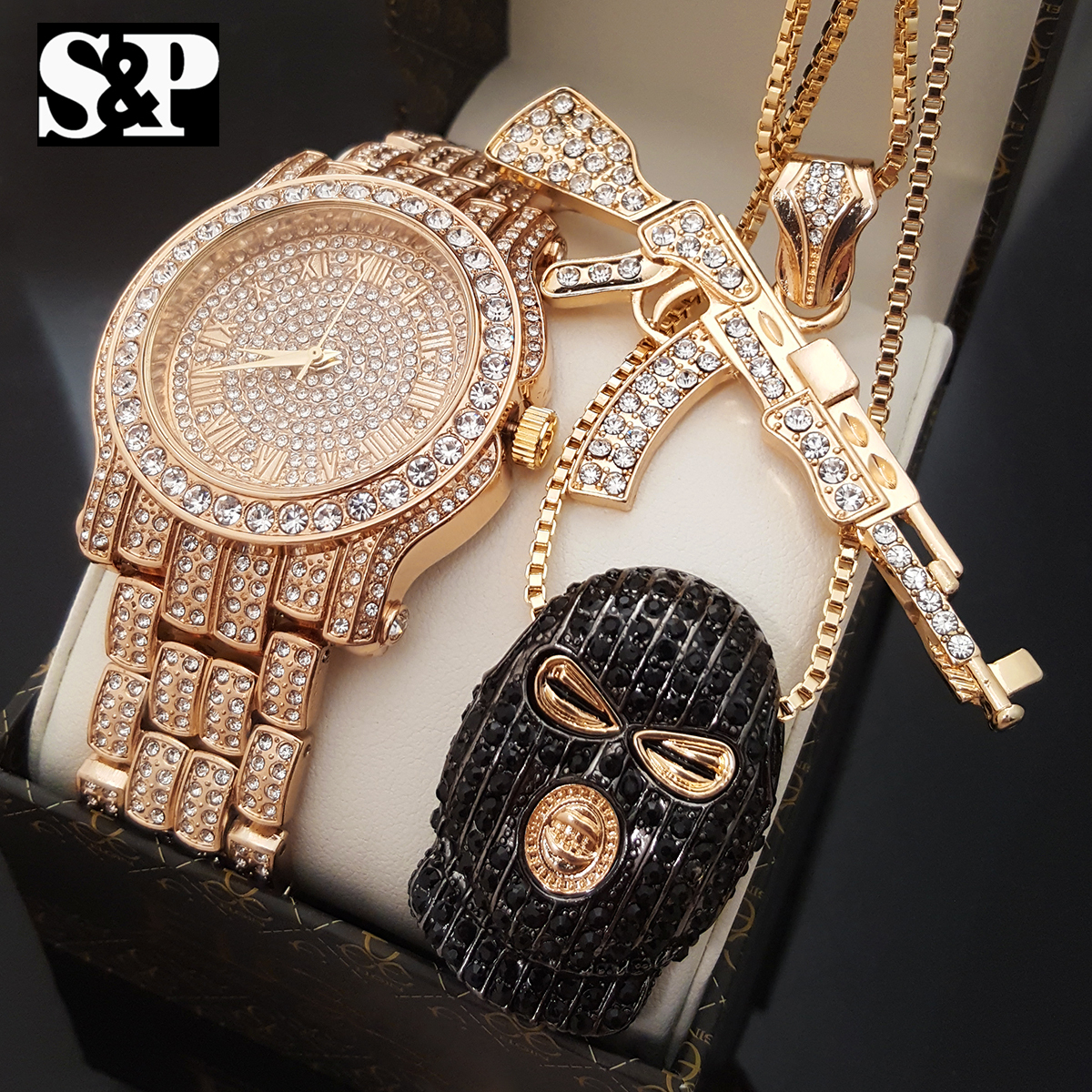 Hip Hop Iced GOON MASK & AK47 Necklace & Lab Diamond Fashion Watch Combo Set
