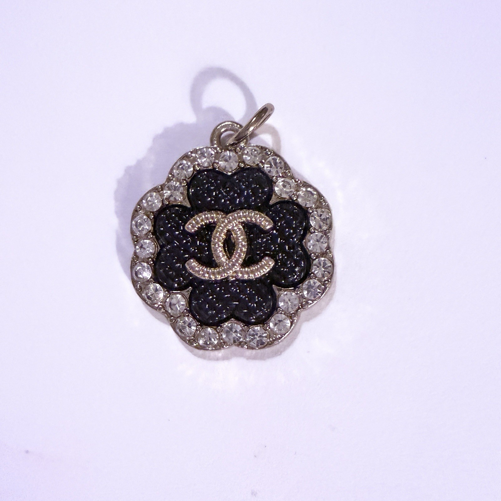 Designer Flower Zipper Pull Charm Gold Tone, Black & Rhinestone Pendant
