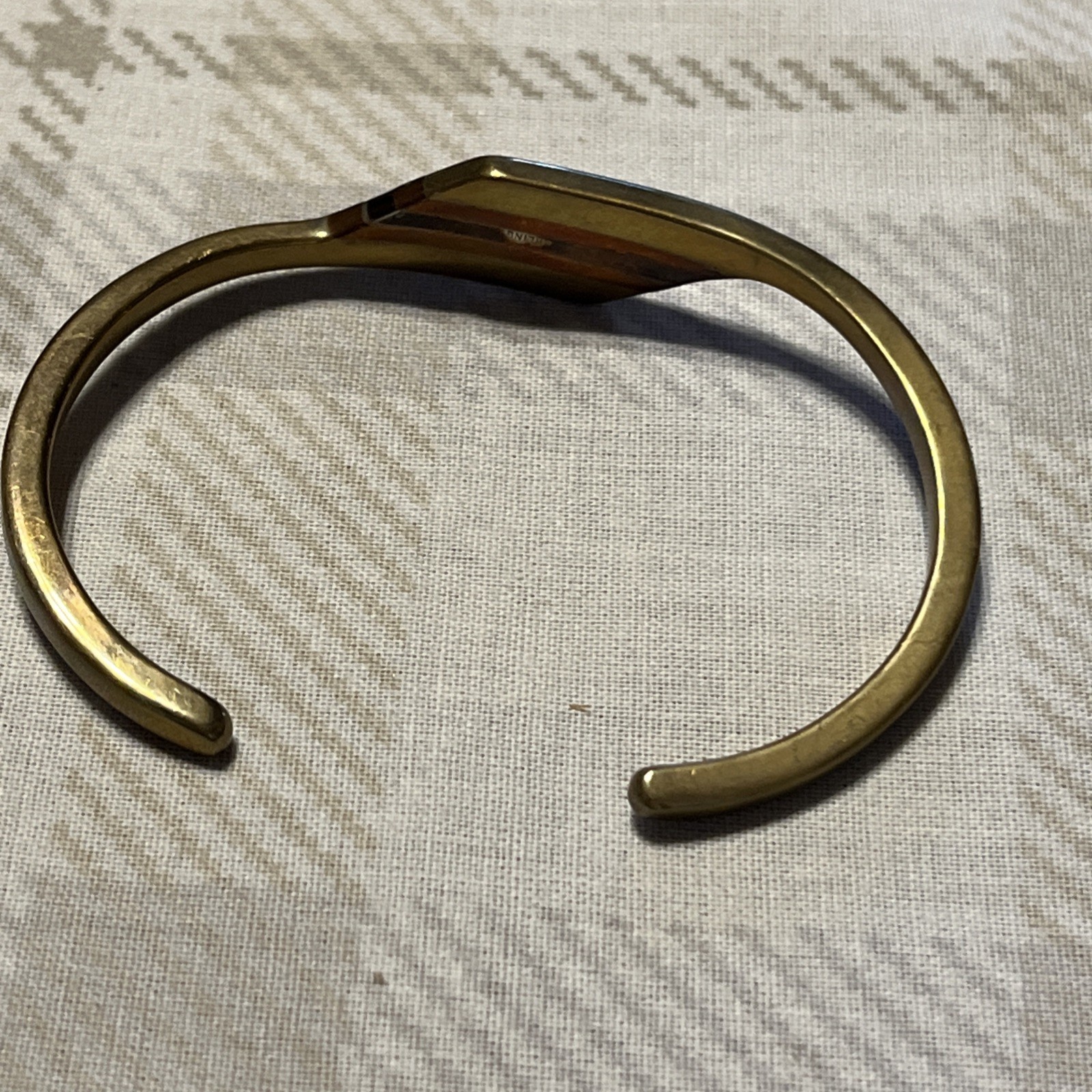 Vtg Artisan Signed Inlaid Sterling Silver, Copper, Brass Cuff Bracelet 5.5”