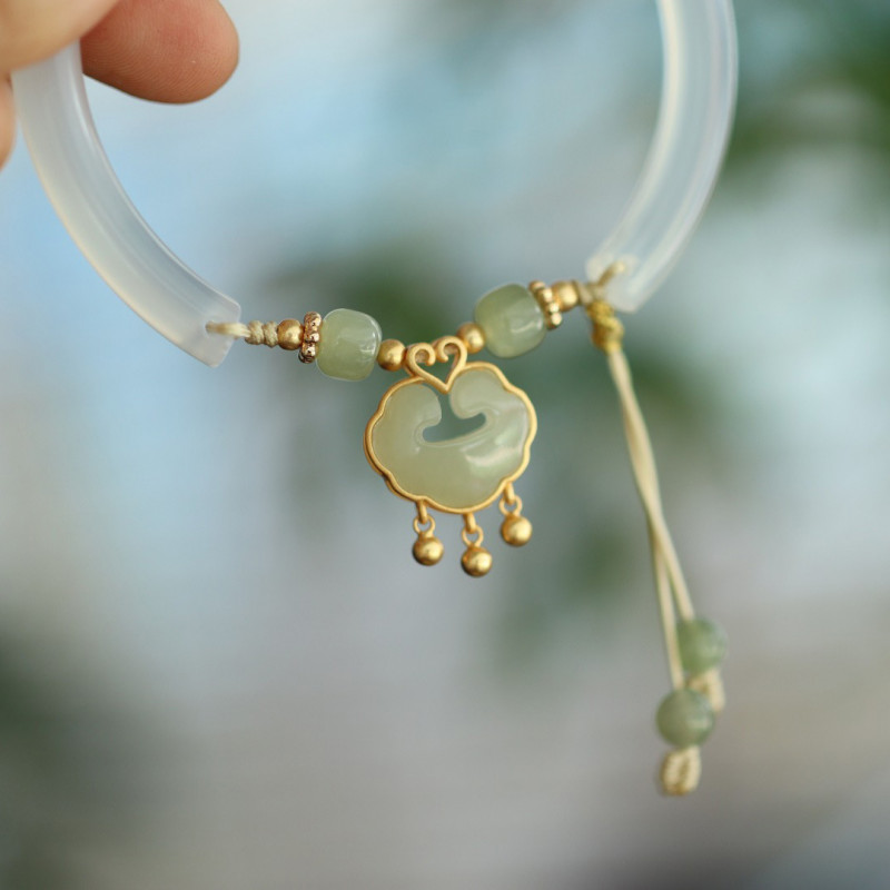 Natural Agate Chalcedony Blessing Lock Bracelet Auspicious Ruyi Lock Bangles