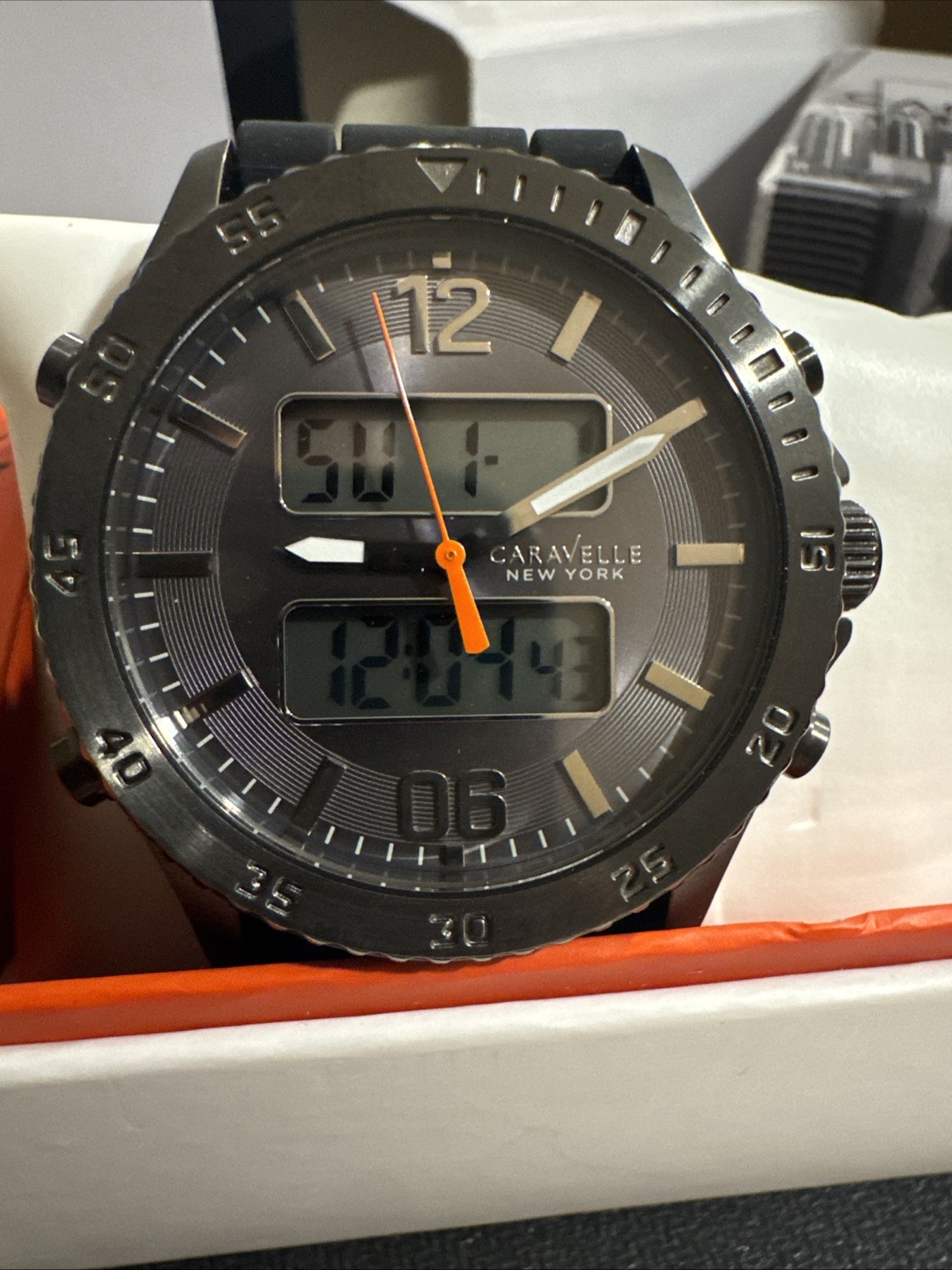 NEW Caravelle New York Analog Digital Men’s Sport Watch Black Orange Box