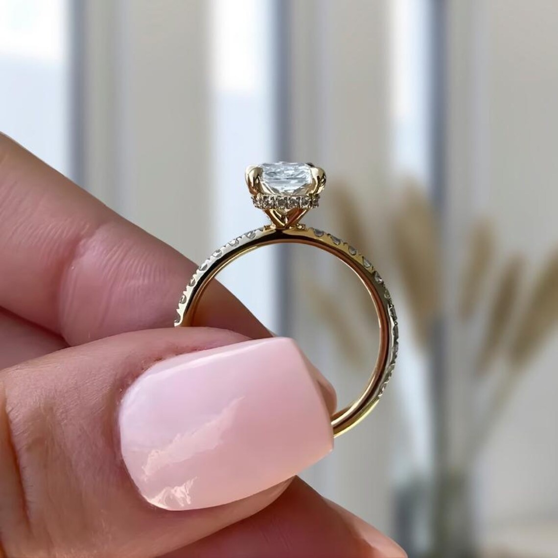 Emerald Cut Solitaire Moissanite Hidden Halo Engagement Ring For Women In 14Kt