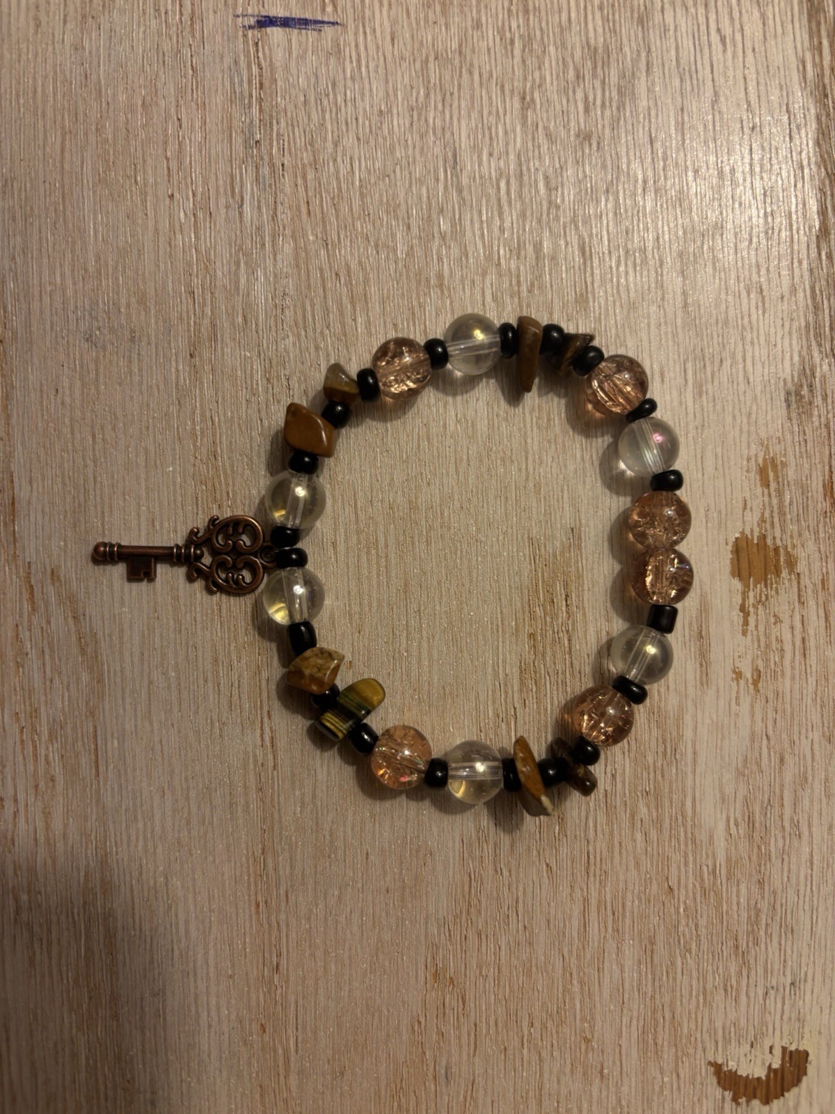 Key Charm Beaded Bracelet, Clear and Brown Round and Stone Beads, 8 in