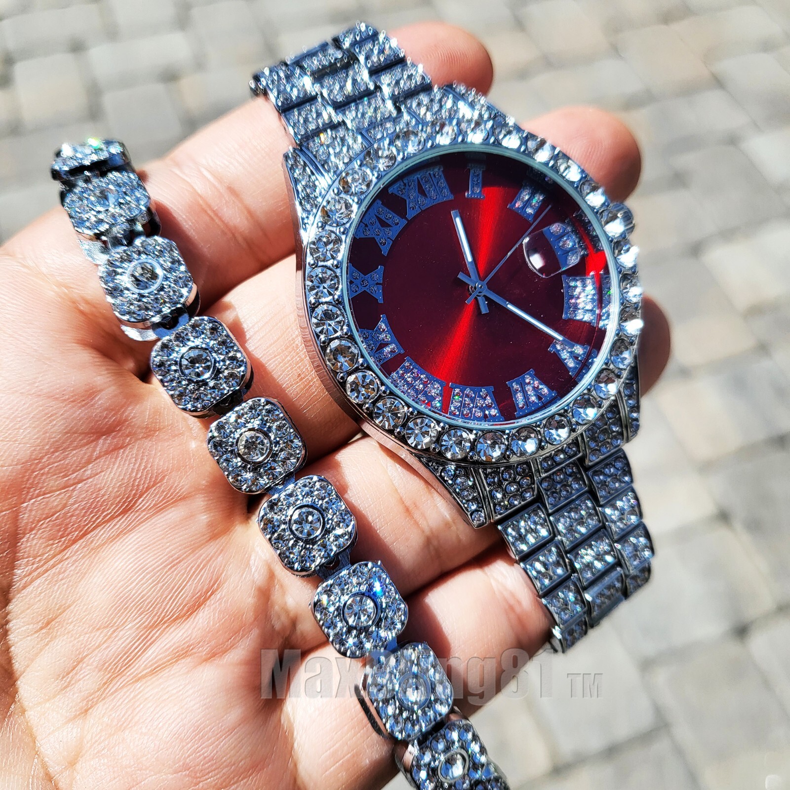 SILVER PLATED LUXURY BLING METAL BAND WATCH & ICED HIP HOP CZ CHAIN BRACELET SET