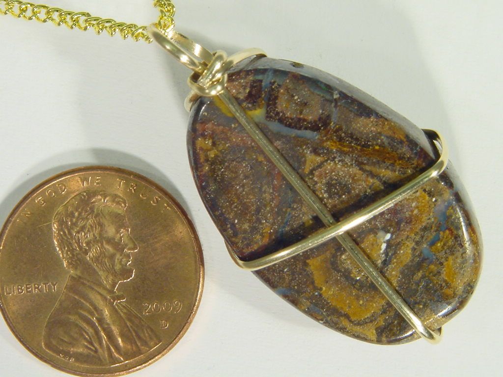 BUTW 14k Gold Fill Wrapped 20mm x 38mm australian boulder opal pendant 2636D