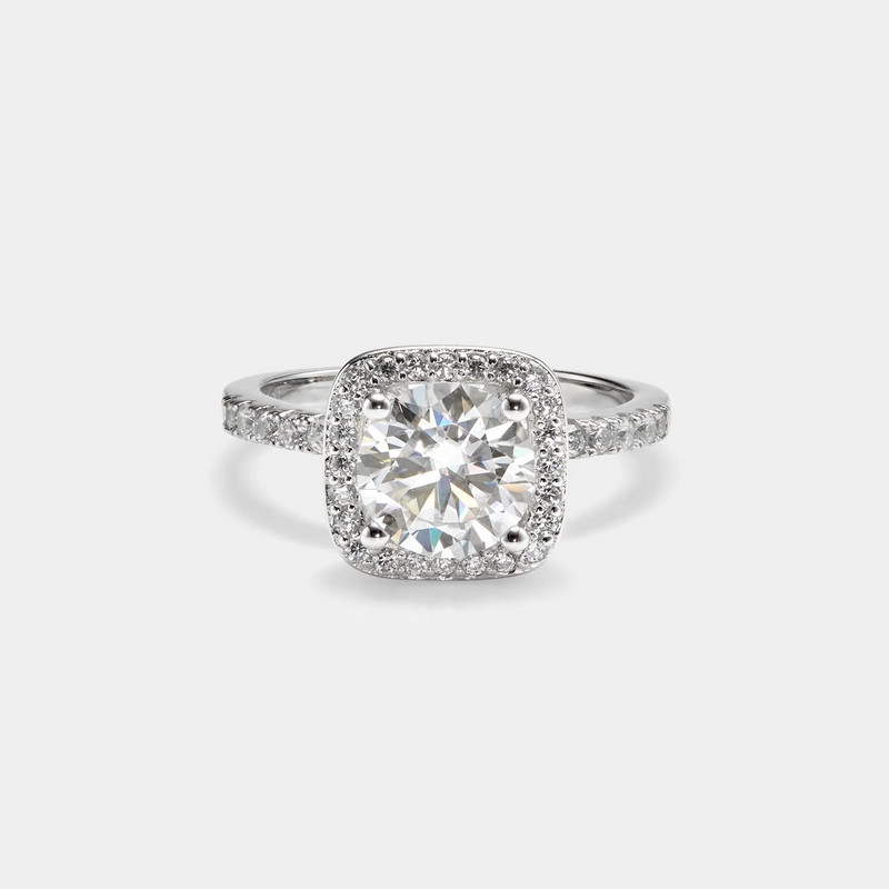 Platinum Plated Moissanite Halo Engagement Ring in 925 Sterling Silver