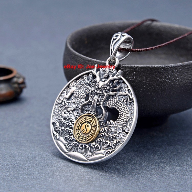 S925 Real 925 Sterling Silver Round Dragon Pendant Amulet 17-18g 1.69inch H