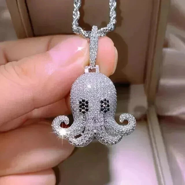 2.50Ct Round Cut Real Moissanite Octopus Men’s Charm Pendant 925 Sterling Silver