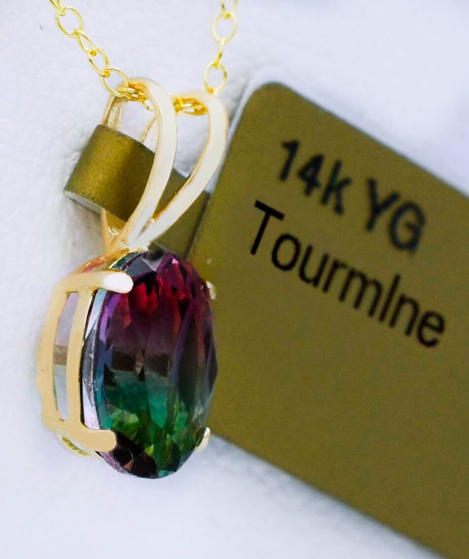PURPLE/GREEN TOURMALINE 0.95 Cts PENDANT 14K GOLD – New With Tag – Made in USA