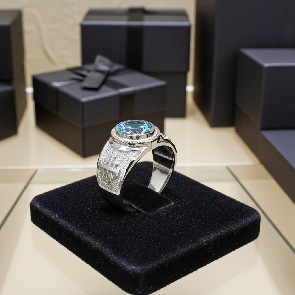 Sterling Silver Jerusalem Cross Birthstone CZ Ring
