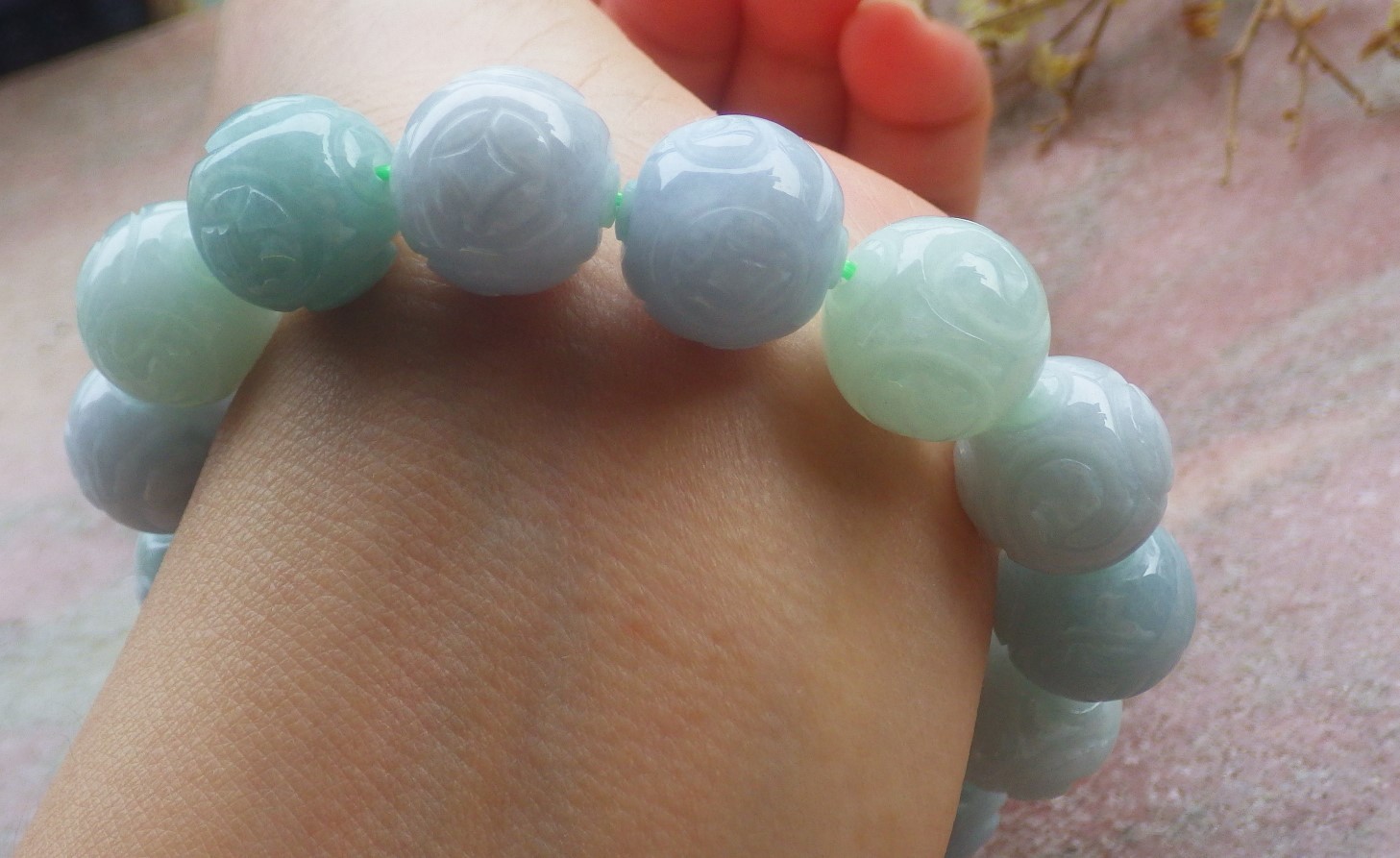 1 pcs Burma A Green jade jadeite bead Ruyi Flower bracelet Bangle 14mm 131109