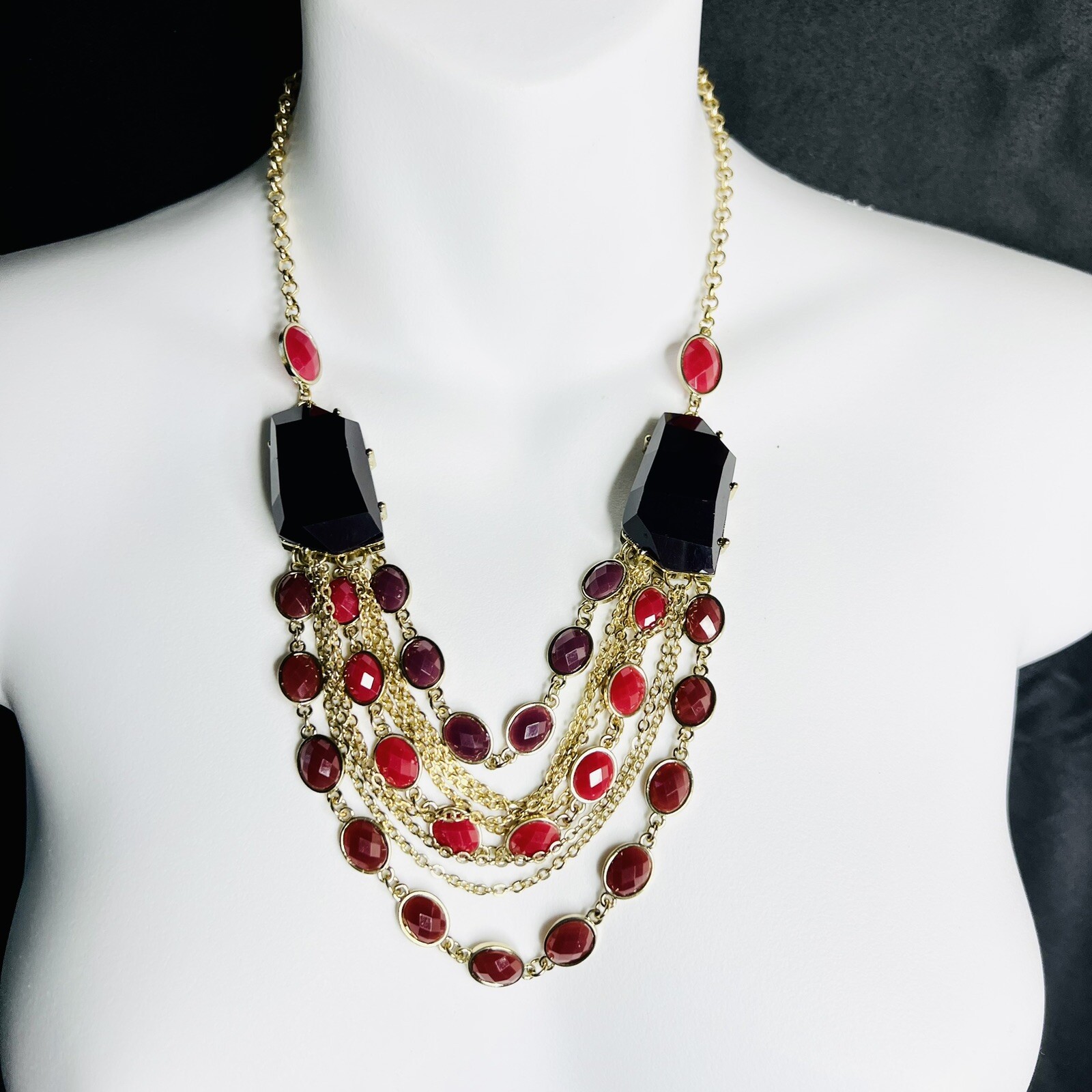 Statement Red Black Resin Stone Layered Multi Strand Bib Necklace Gold Tone 1092