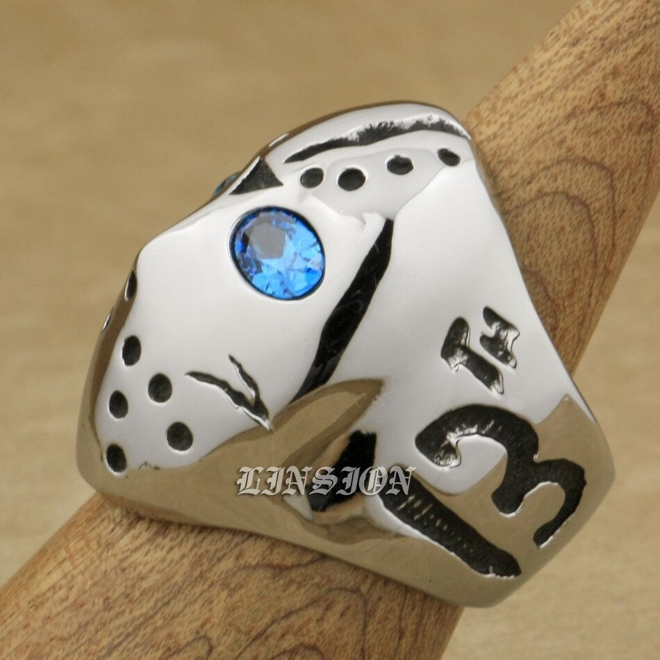 Stainless Steel Blue CZ Eyes Halloween JS Hockey Ring Punk Jewelry 3F101D