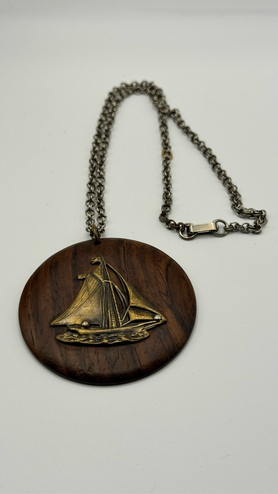 Wooden Sailboat Pendant Necklace Nautical Round Wood Statement Jewelry