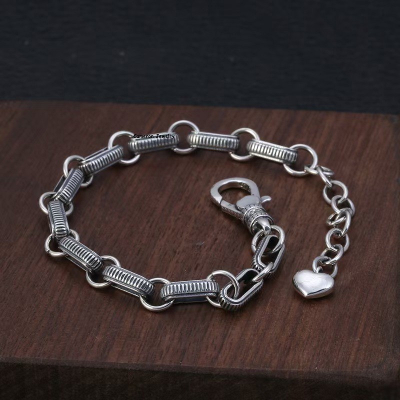 Solid 925 Sterling Silver Heart Chain Rectangular Link Bracelet 26-27g 6.7-8.3in