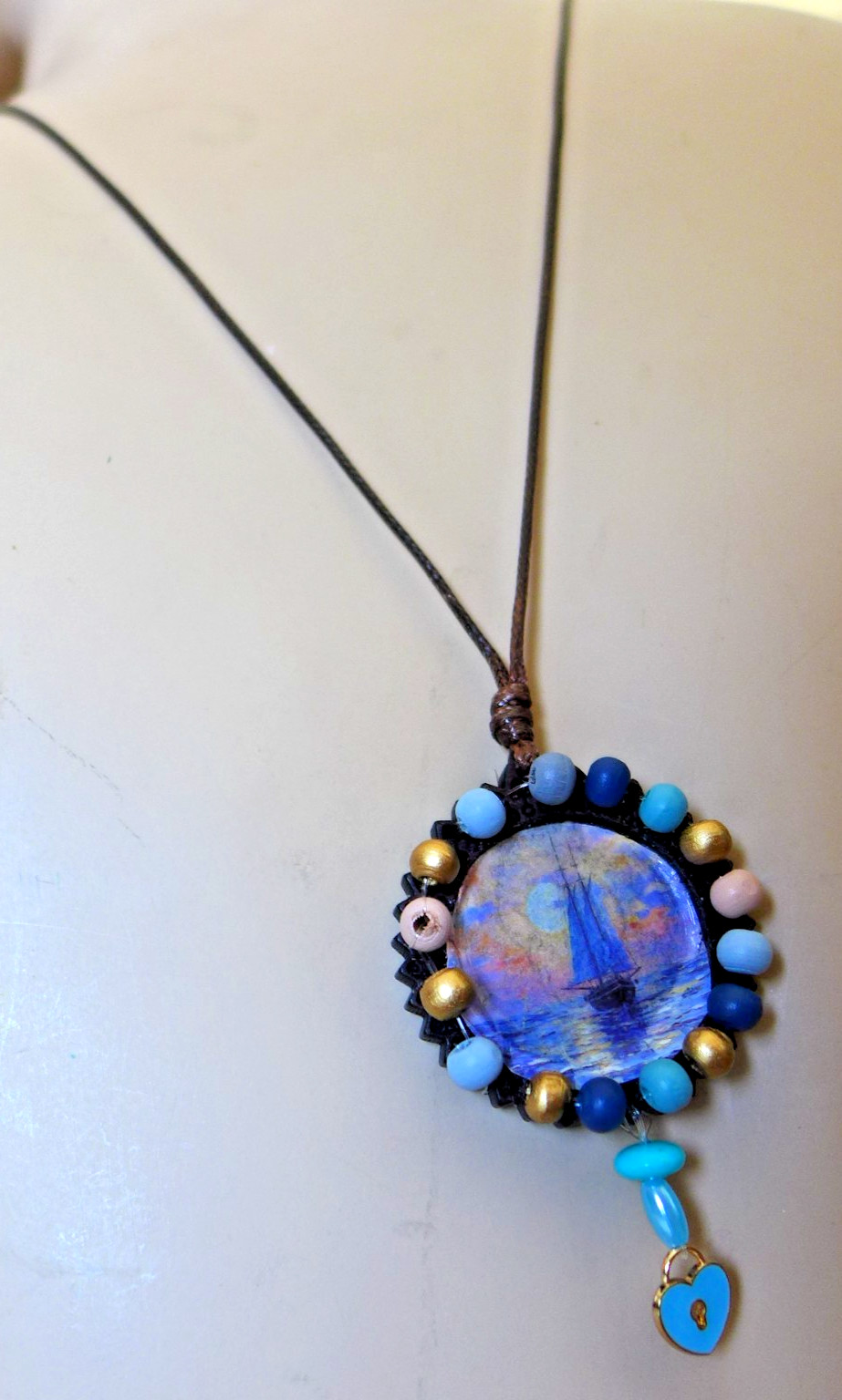 Handmade Necklace With Hand Painted Wood charm Natural Artistic Eco Beauty beads