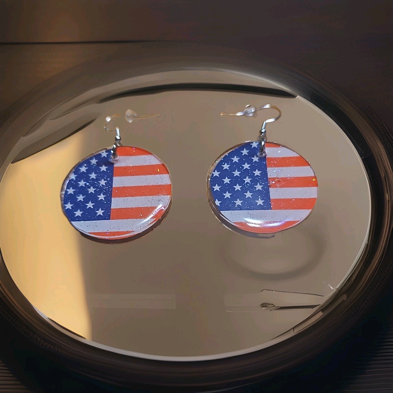 American Flag Round Resin 925 Sterling Silver Hook Earrings. Handmade In The U.S