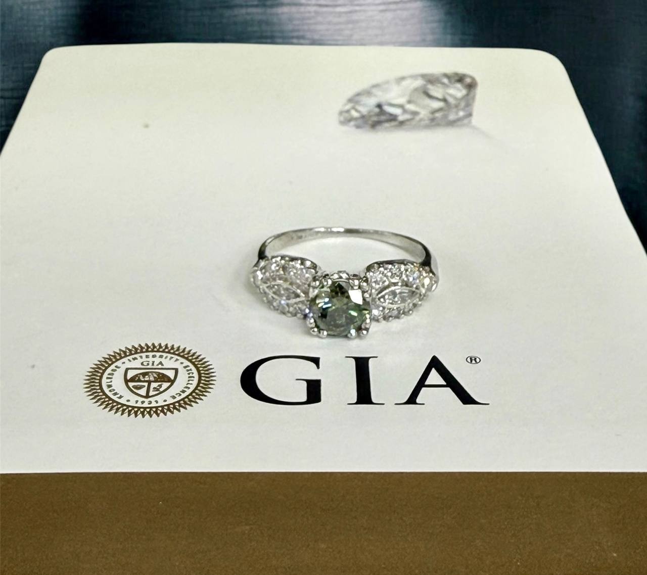 GIA Cert. 0.82ct Treated Fancy Dark Gray-Yellowish Green Diamond Platinum Ring
