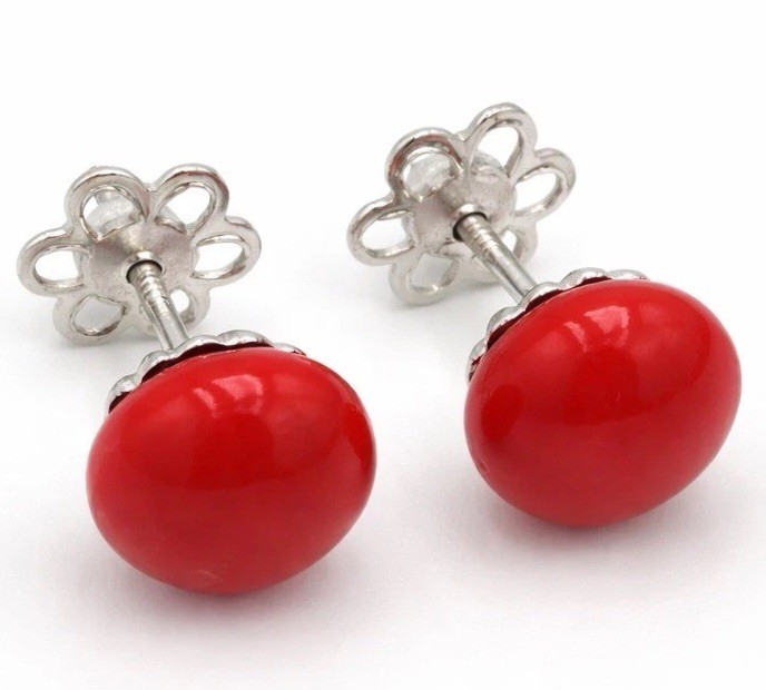 Mediterranean Red Coral Earrings 8mm 925 Silver – Elegant Buttons Women