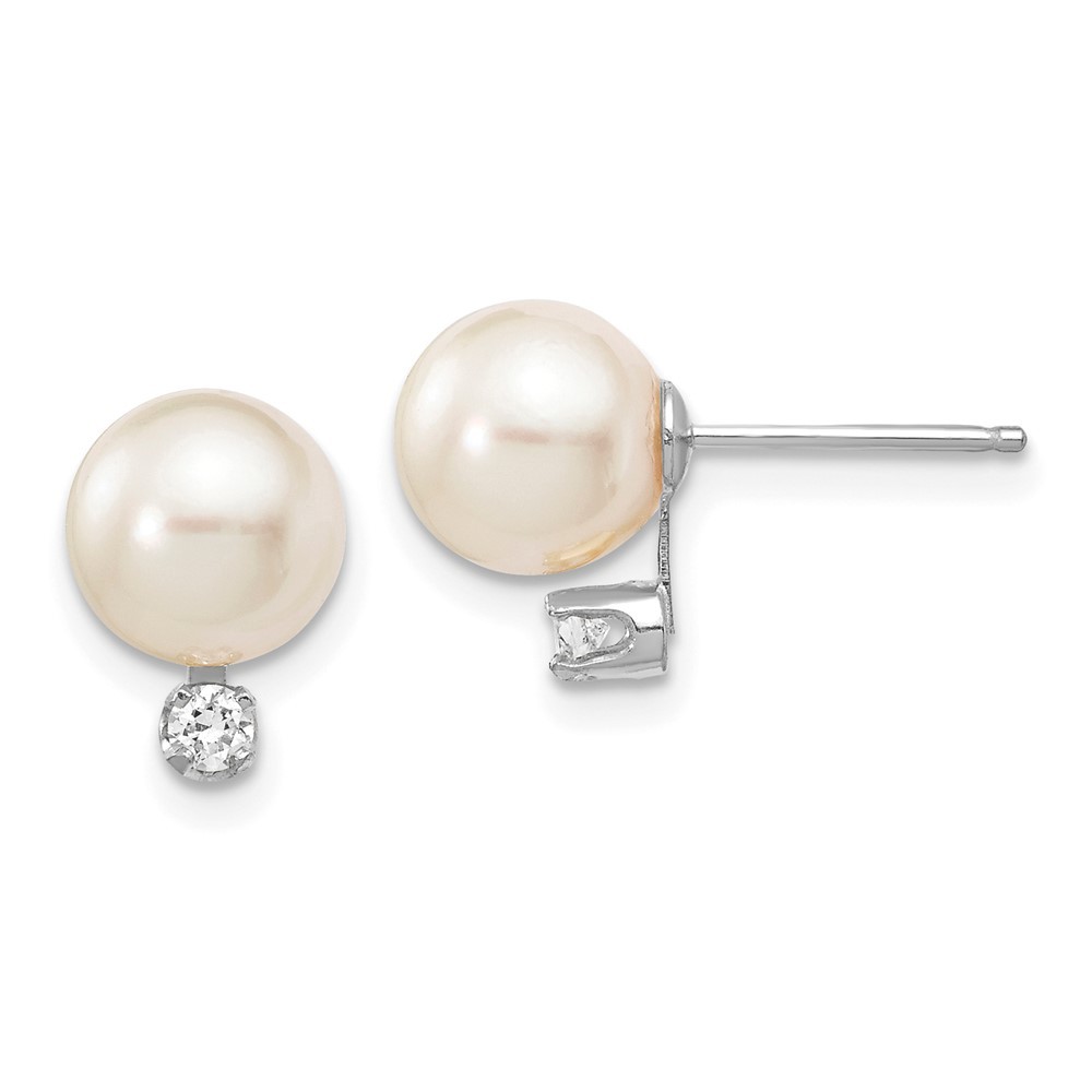 14k White Gold 7-8mm Round Akoya Saltwater Pearl and .10ct Diamond Post Earrings