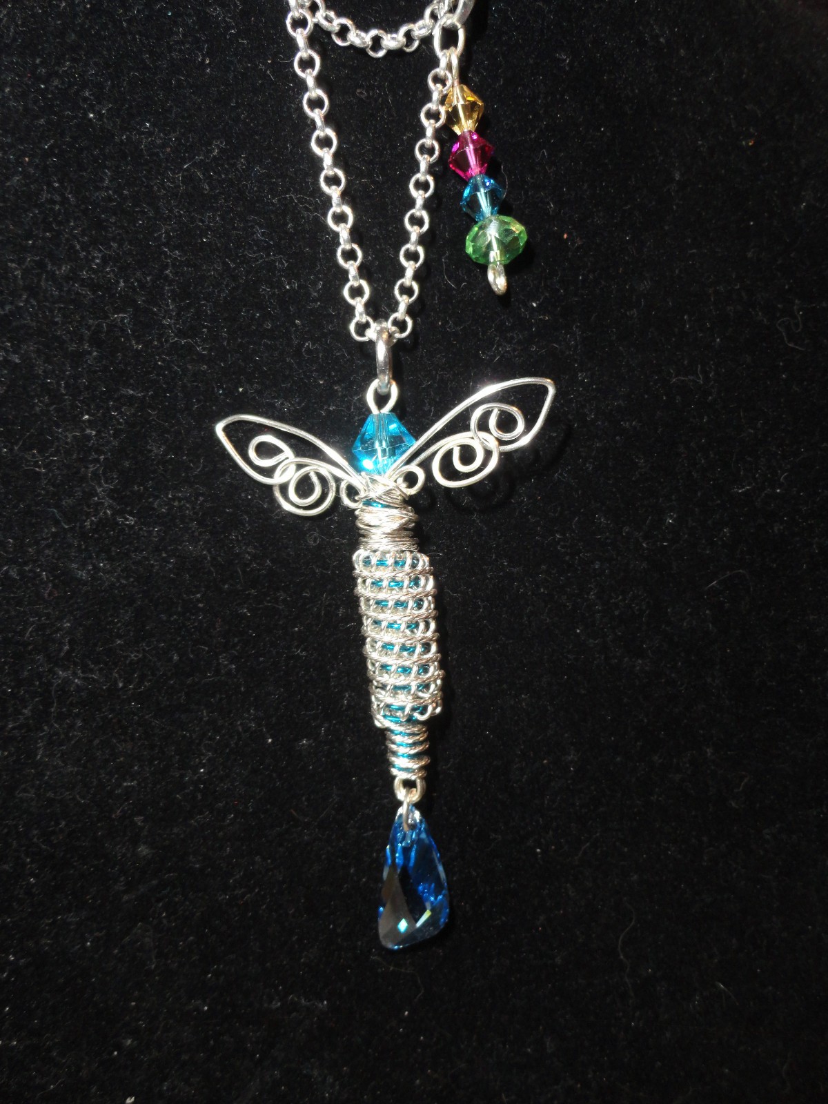#9305 Silver/Blue Dragonfly Pendant with Swarovski Crystal Drop and Chain.