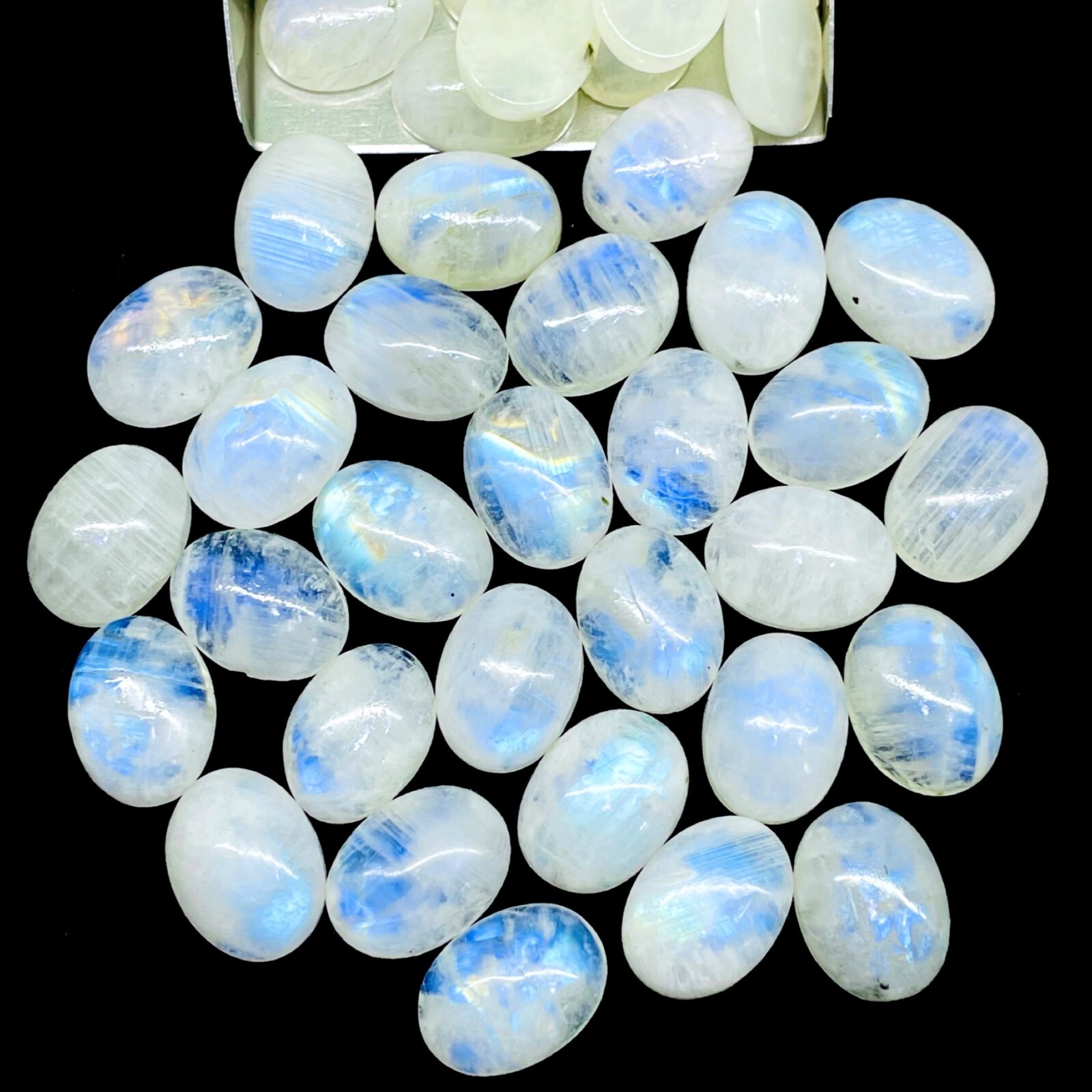 12 Pcs Natural Rainbow Moonstone 16x12mm Oval Blue Shines Cabochon Gemstones Lot