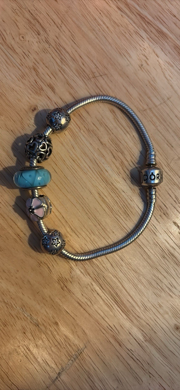 PANDORA 925 Sterling Silver Snake Chain Charm Bracelet w/ Murano Glass Beads